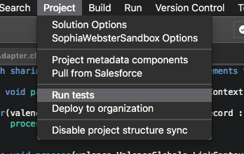 The project menu, showing the option to run tests alongside various push/pull options