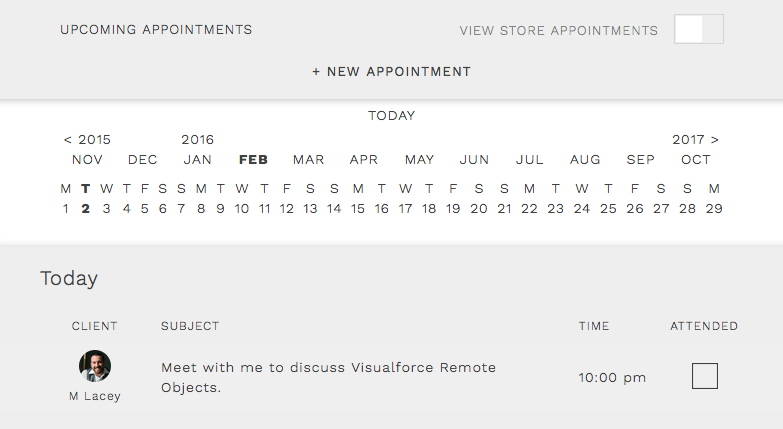 Screenshot of the Proximity Insight Clienteling Calendar