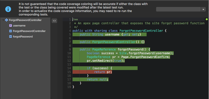 Some code highlighted to show which lines are covered