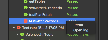 The test run context menu, with quick access to logs