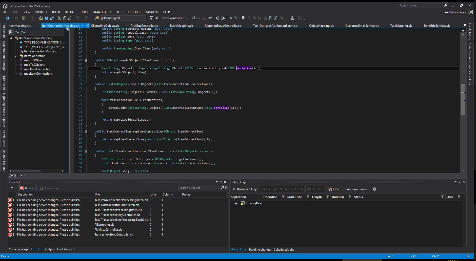 The IDE instructing me to pull changes from Salesforce before saving to the server